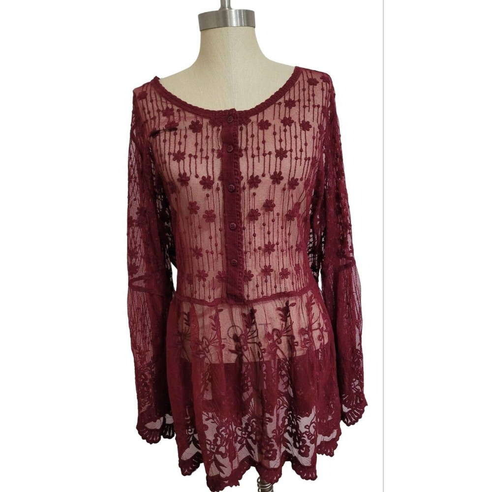 Lane Bryant Womens S14/16 Lace Tunic Long Sleeve Sheer Top Gothic Boho Blouse